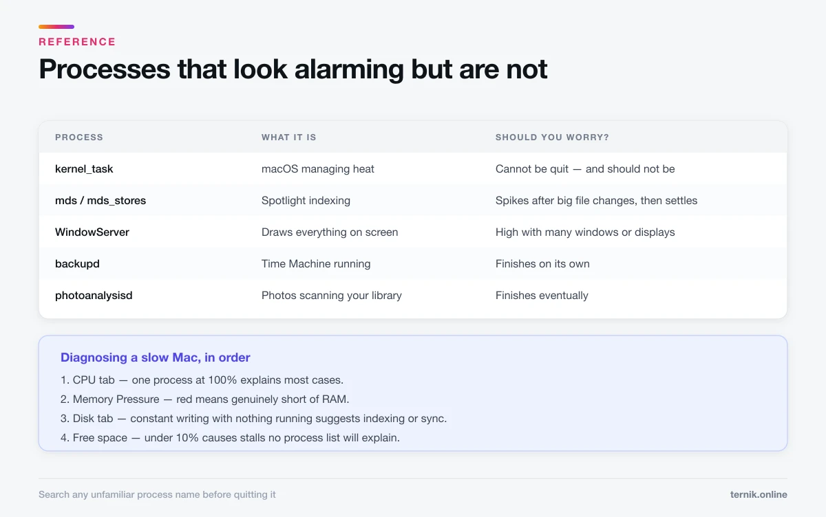 Normal macOS processes that look alarming, and the order to diagnose a slow Mac
