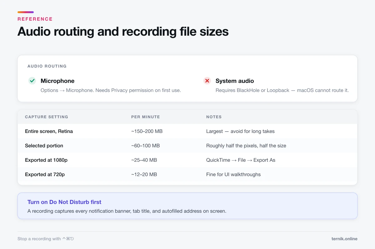 Which audio sources macOS can capture, and approximate screen recording file sizes per minute by capture setting